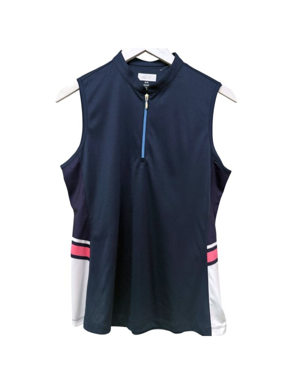 Greg Norman Sleeveless Womens Golf Top Medium Zip Neck Navy Blue Pink Stripe